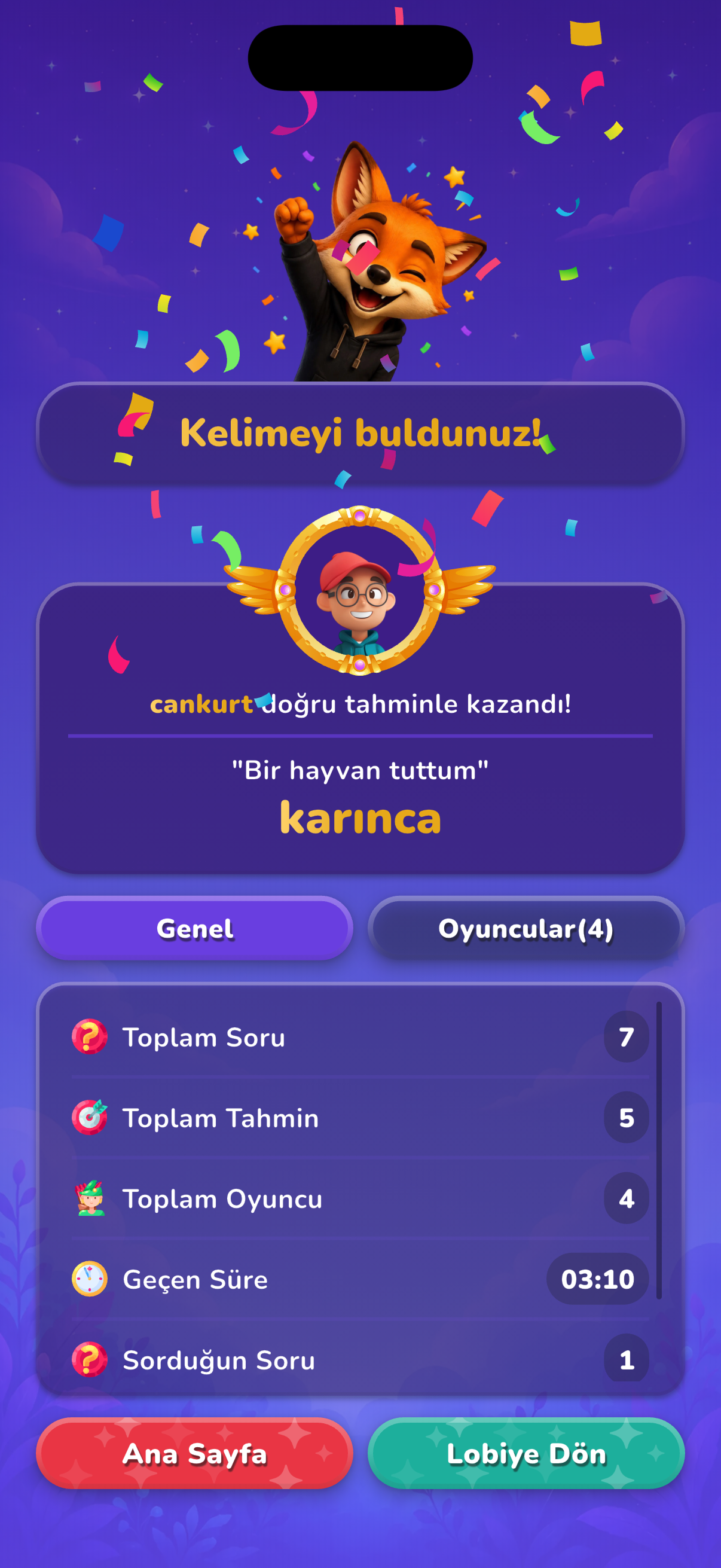 Kazanma ekranı